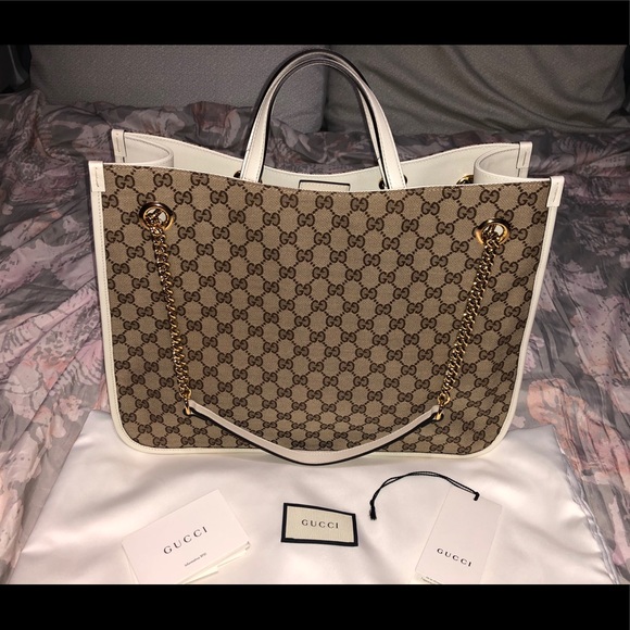 NWT Gucci Horsebit 1955 Large Tote Bag White Leather and Signature Canvas - Picture 7 of 15